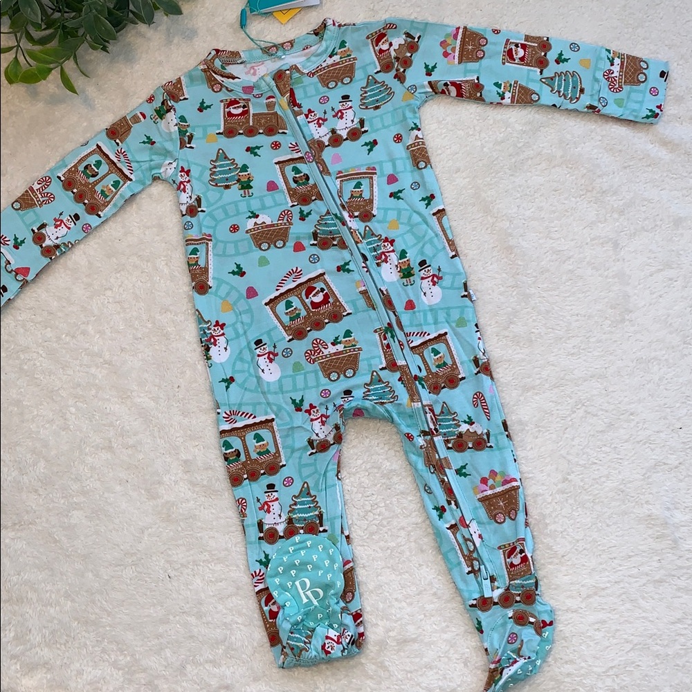NWT Posh Peanut Gingerbread Train Footie 6-9M Holiday Christmas Bamboo